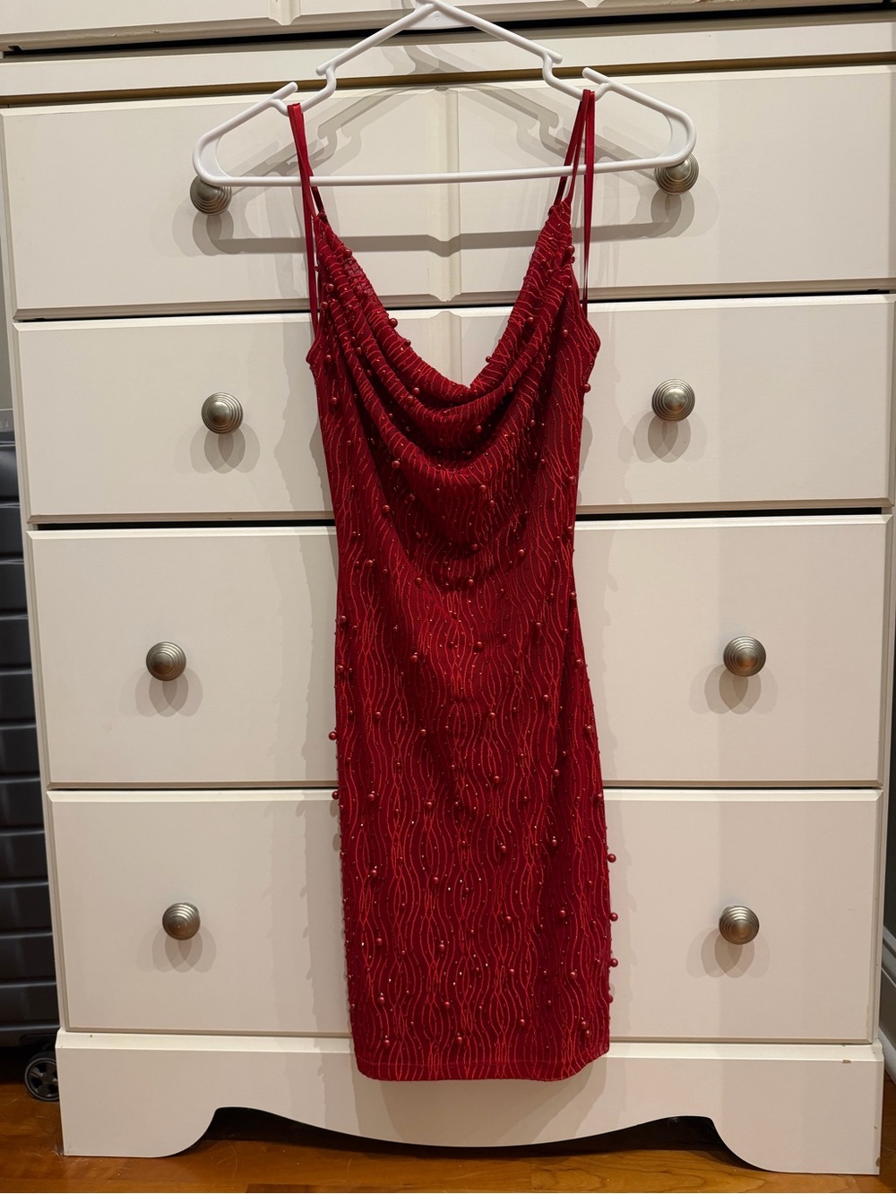 Windsor Red Beaded Cowl Neck Mini Dress